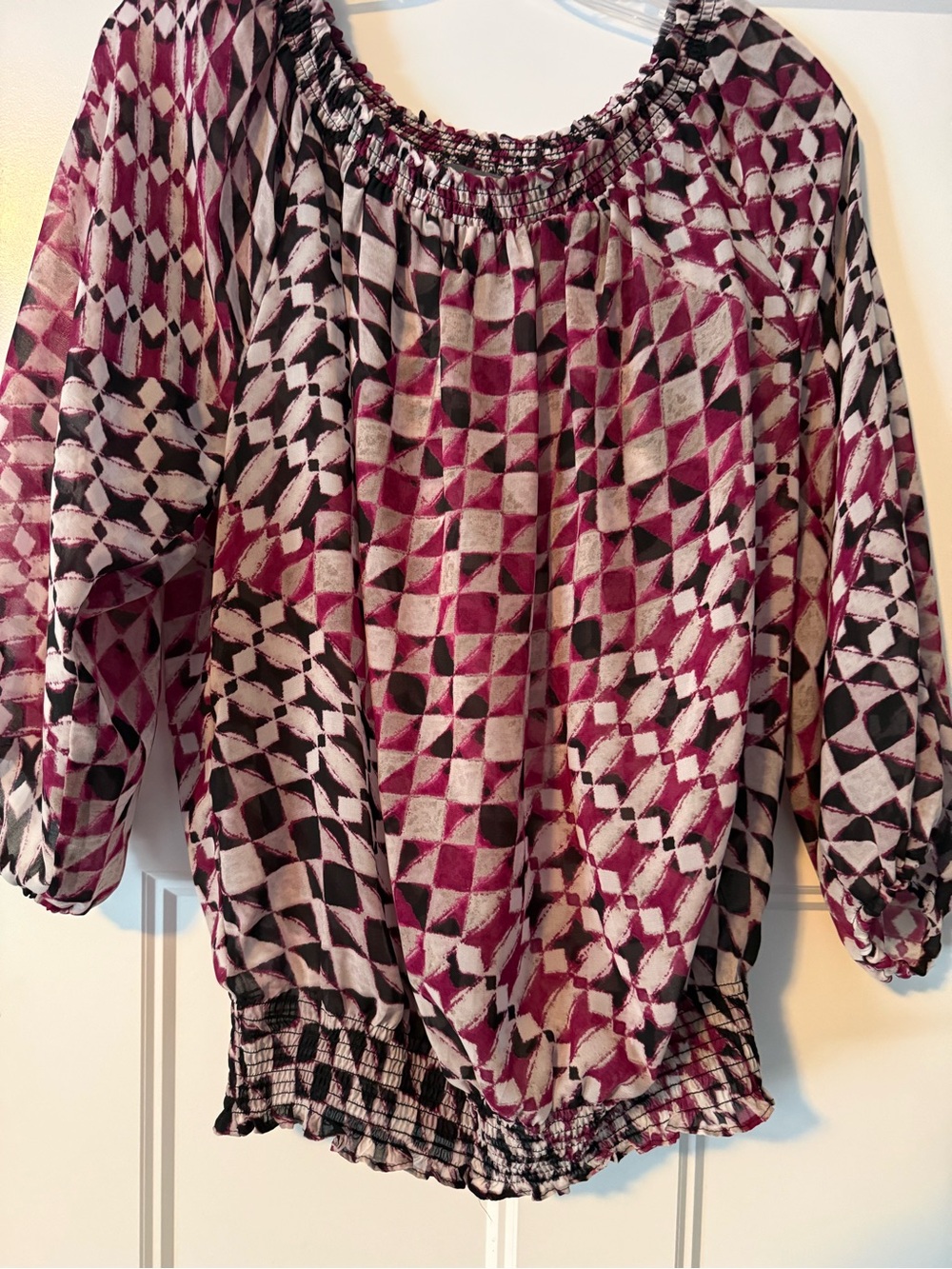 Daisy Fuentes Burgundy, Black and white Geometric Smocked Neck Blouse